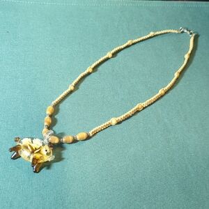 Artisan Glass Pendant Necklace Beads Little Pig With Tail Cream Brown